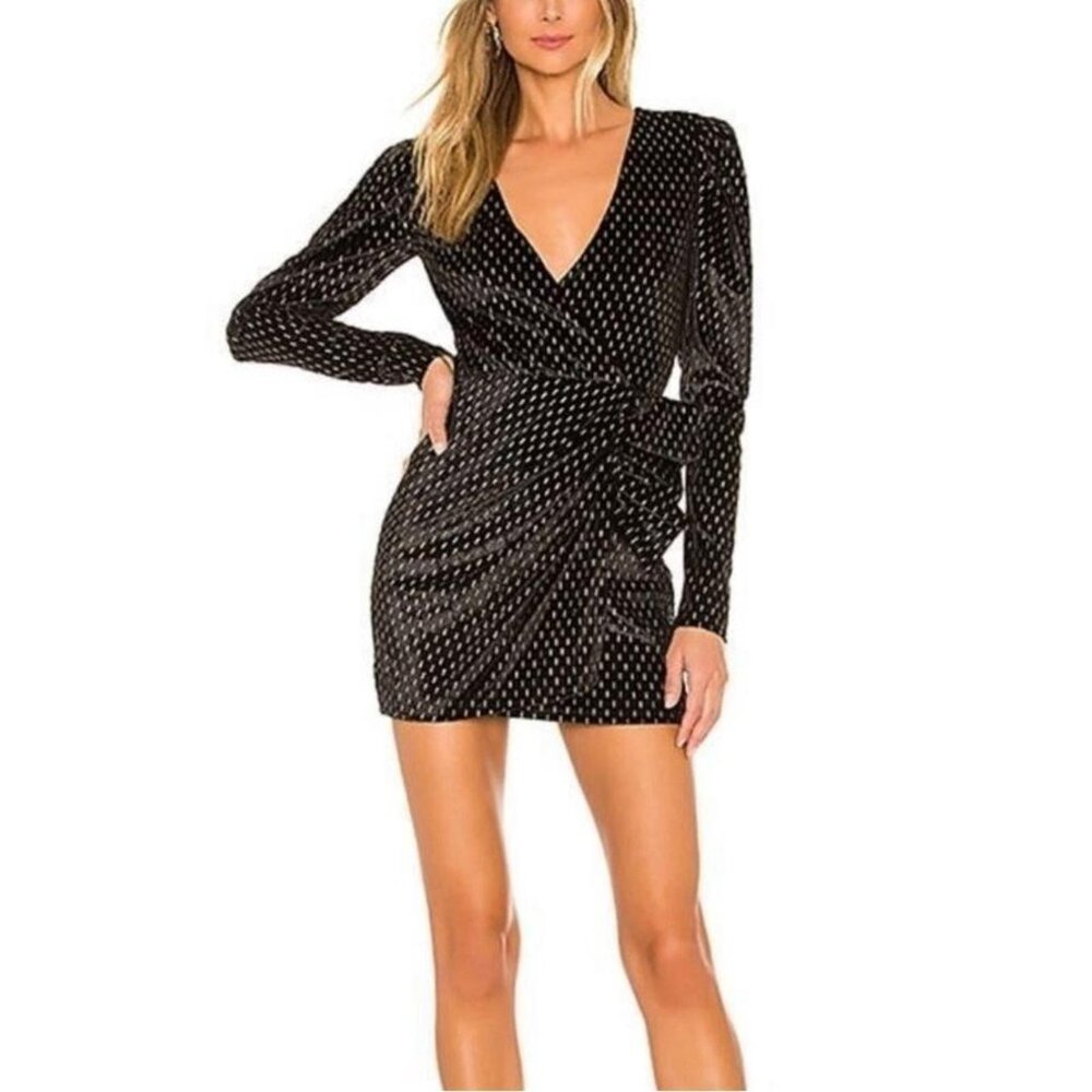 House Of Harlow Black Velvet Faux Wrap Mini Dress Gold Metallic Accents Sz S